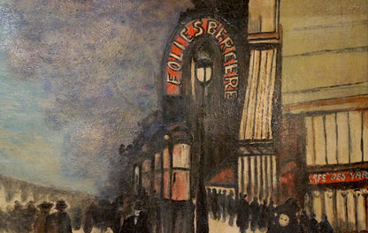 Arched red neon Le Folies Bergere sign on black lamppost, Paris oil painting
