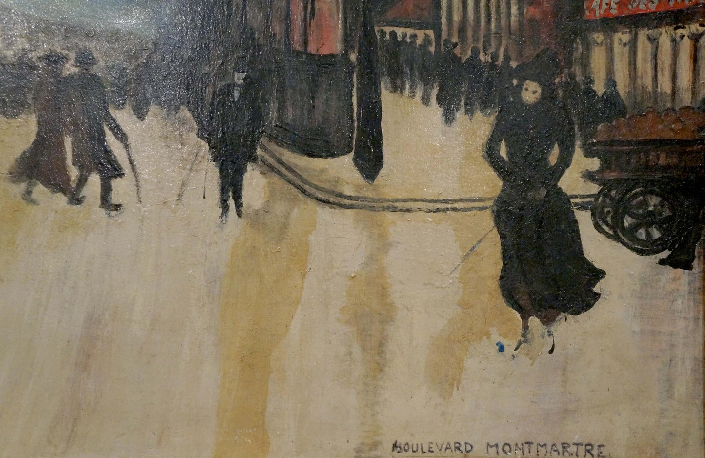 Oil painting Paris: woman in dark flowing dress walking street