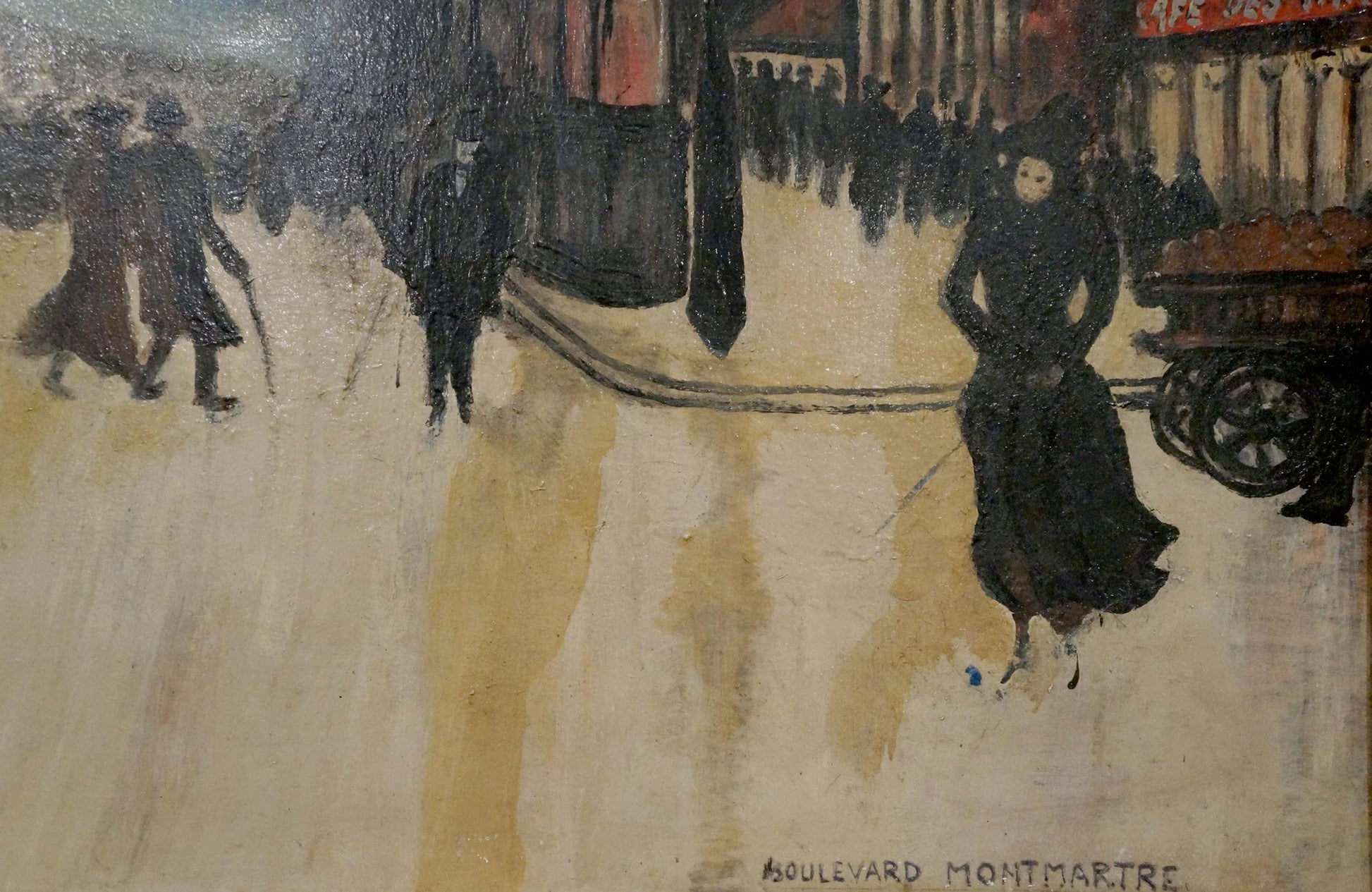 Oil painting Paris: woman in dark flowing dress walking street