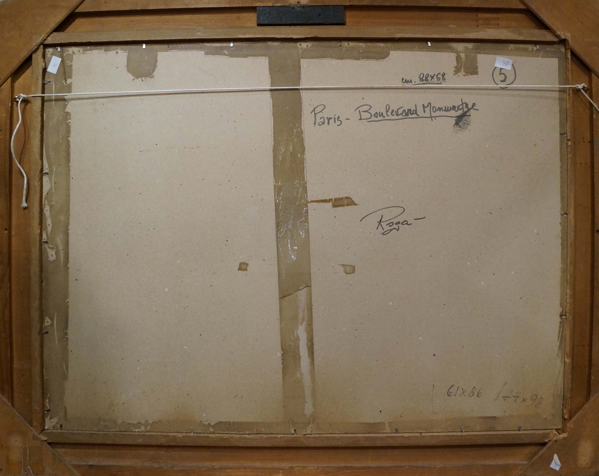 Back of Oil painting Paris frame with Paris boulecard monnaie inscription and Roga signature