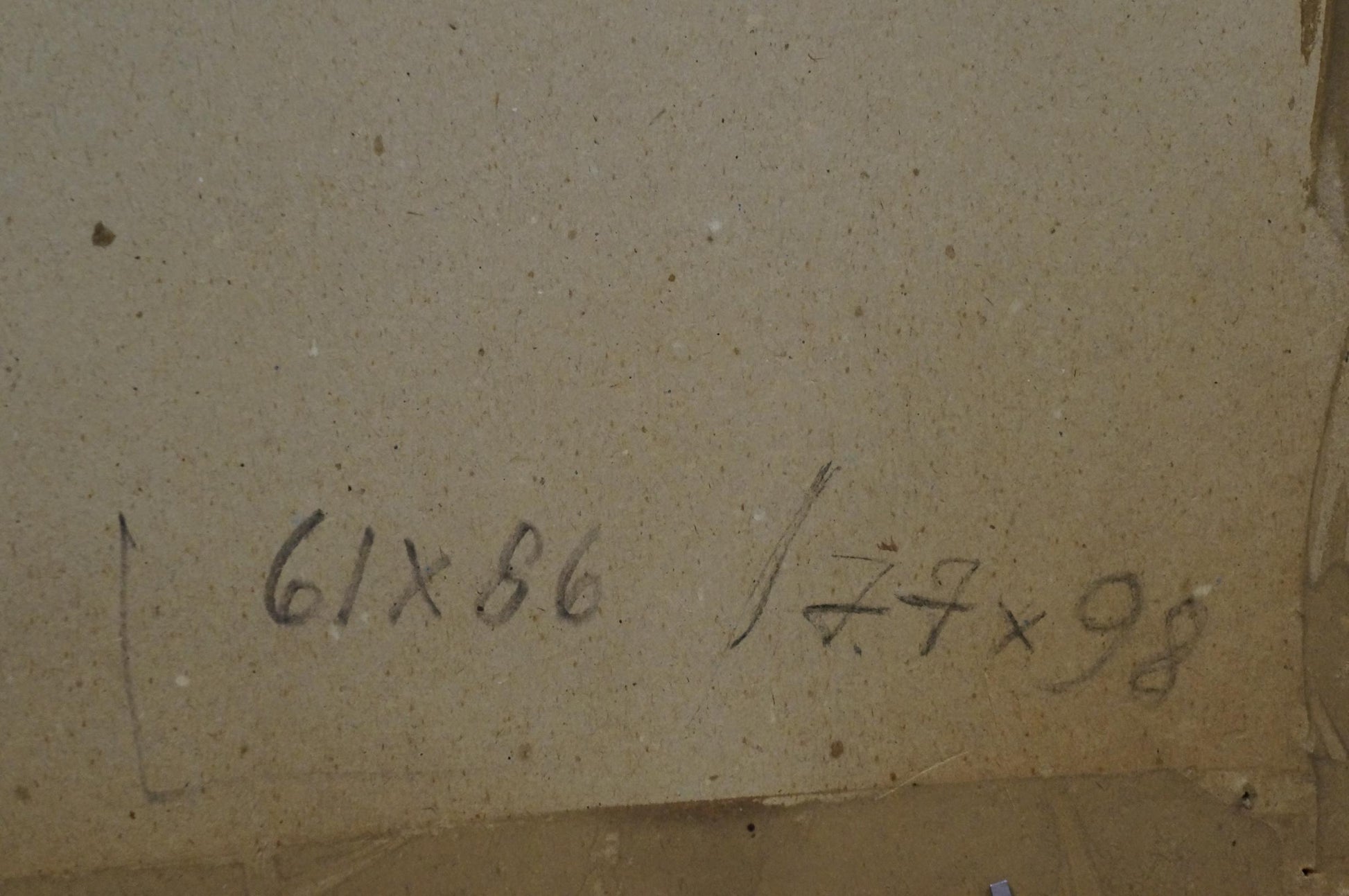 Back of Oil painting Paris on beige canvas with 61x86 and 7x98 measurements