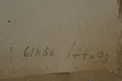 Back of Oil painting Paris on beige canvas with 61x86 and 7x98 measurements