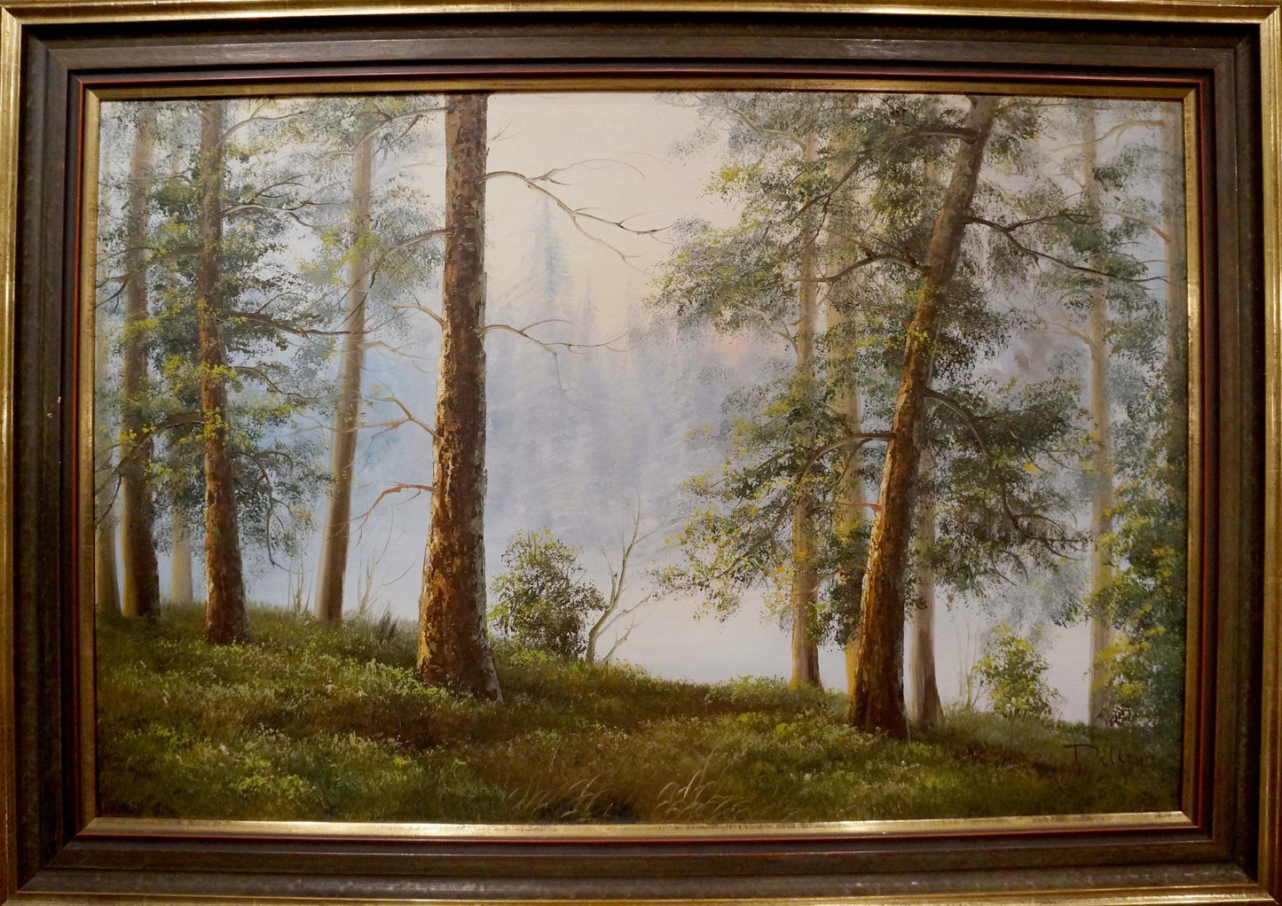 Framed Dillon oil painting of misty forest with tall trees and green undergrowth