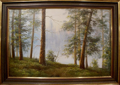 Framed Dillon oil painting of misty forest with tall trees and green undergrowth