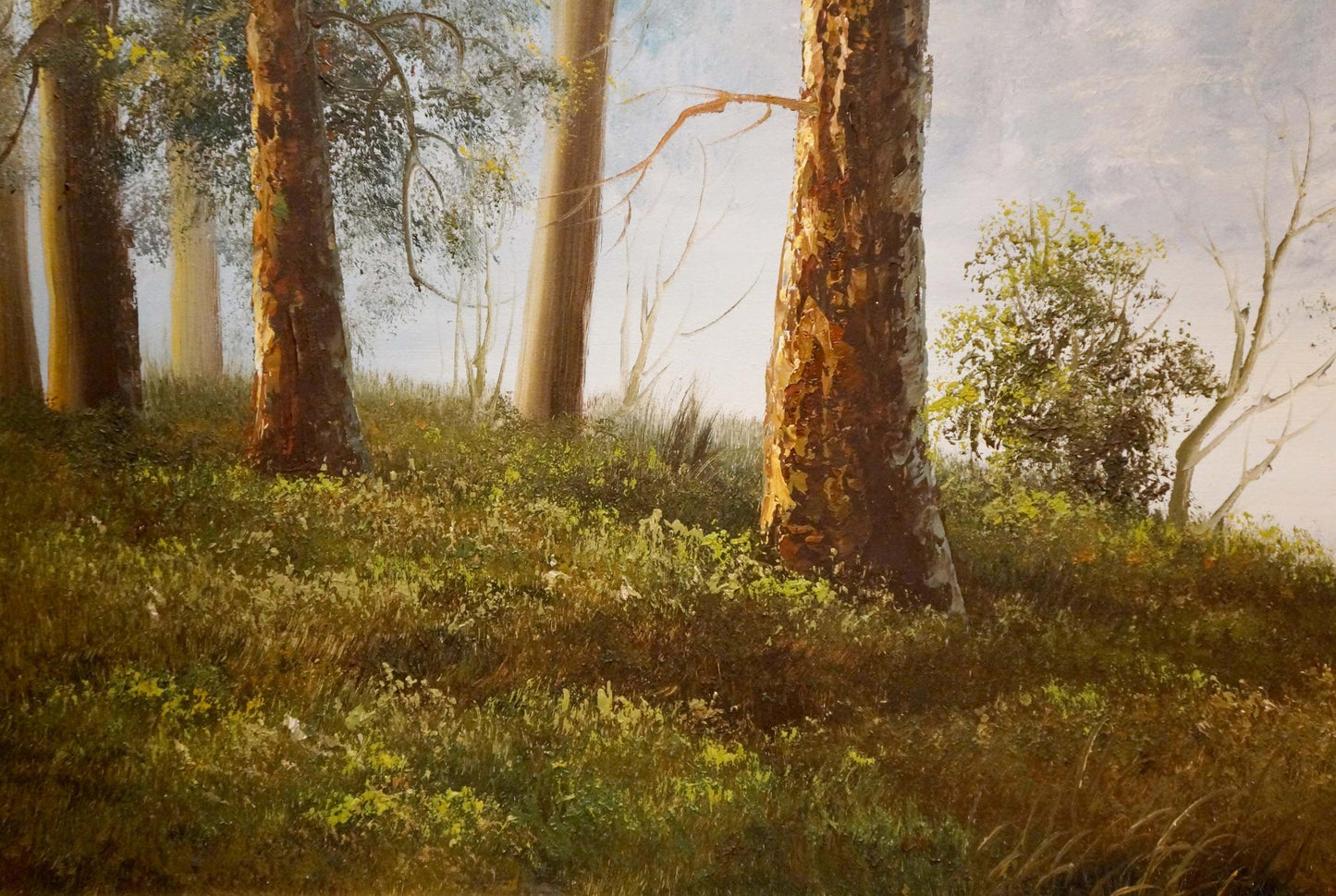 Serene foggy forest oil painting by Dillon in warm earthy tones