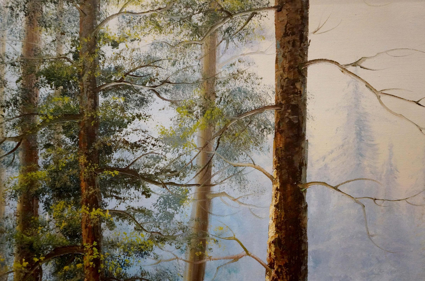 Oil painting of foggy forest with tall slender pines by Dillon