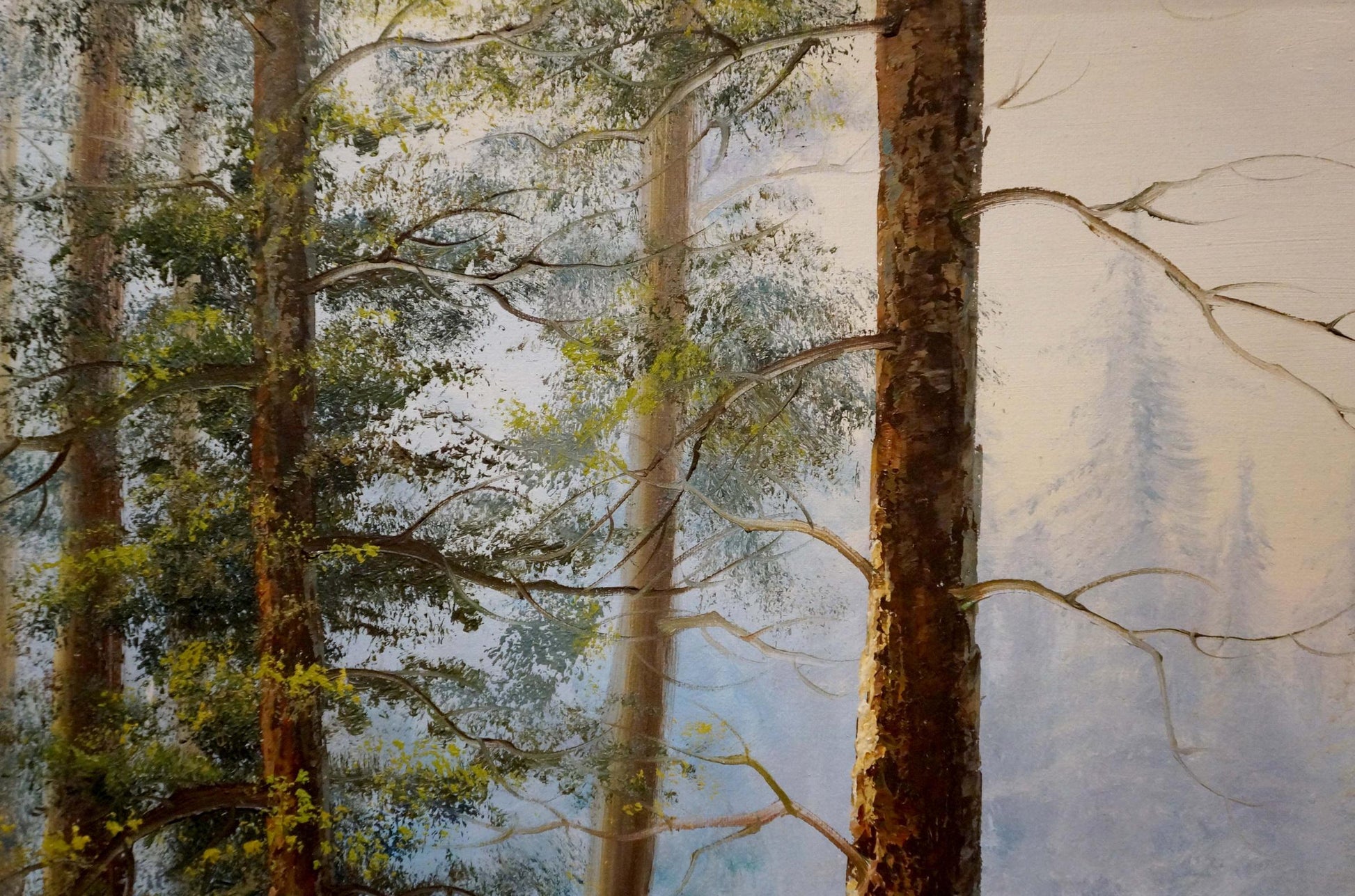 Oil painting of foggy forest with tall slender pines by Dillon