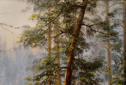 Oil painting of foggy forest with tall slender tree by Dillon