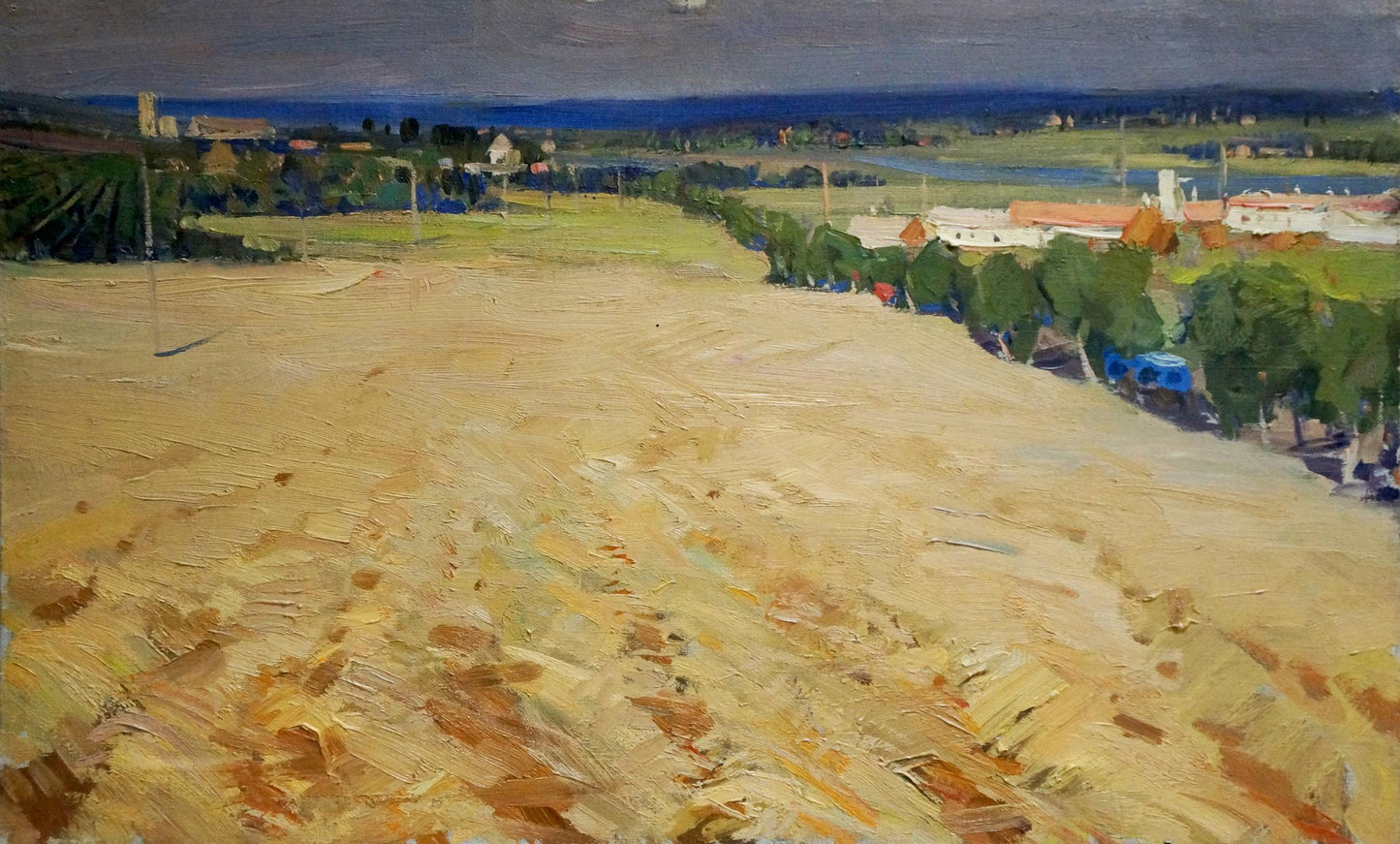 Oil painting Wheat field: textured ochre road to village under moody sky