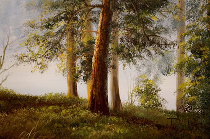 Serene foggy forest oil painting by Dillon with impressionistic trees