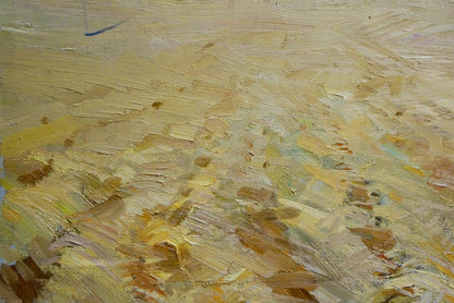 Oil painting Wheat field with textured impasto brushstrokes in warm yellows and ochres