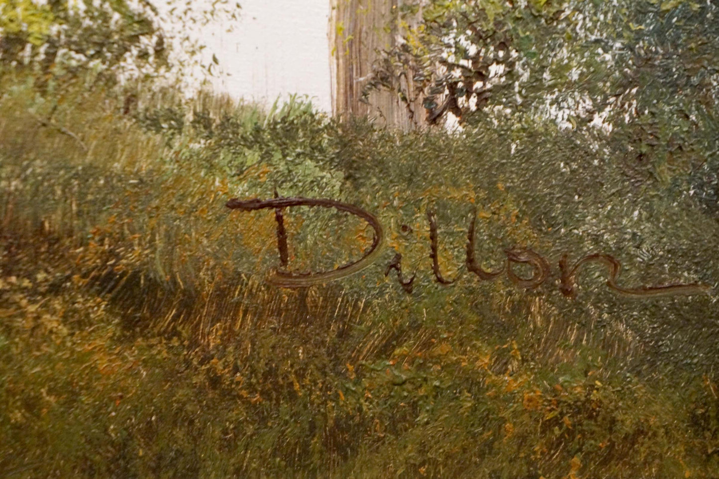 Oil painting There is fog in the forest Dillon with Dillon signature on textured green foliage