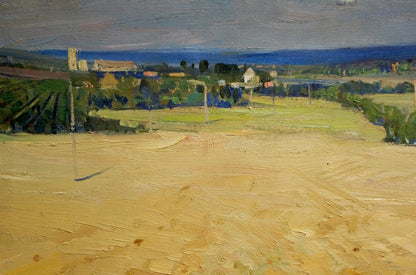 Oil painting Wheat field: textured rural landscape with golden fields