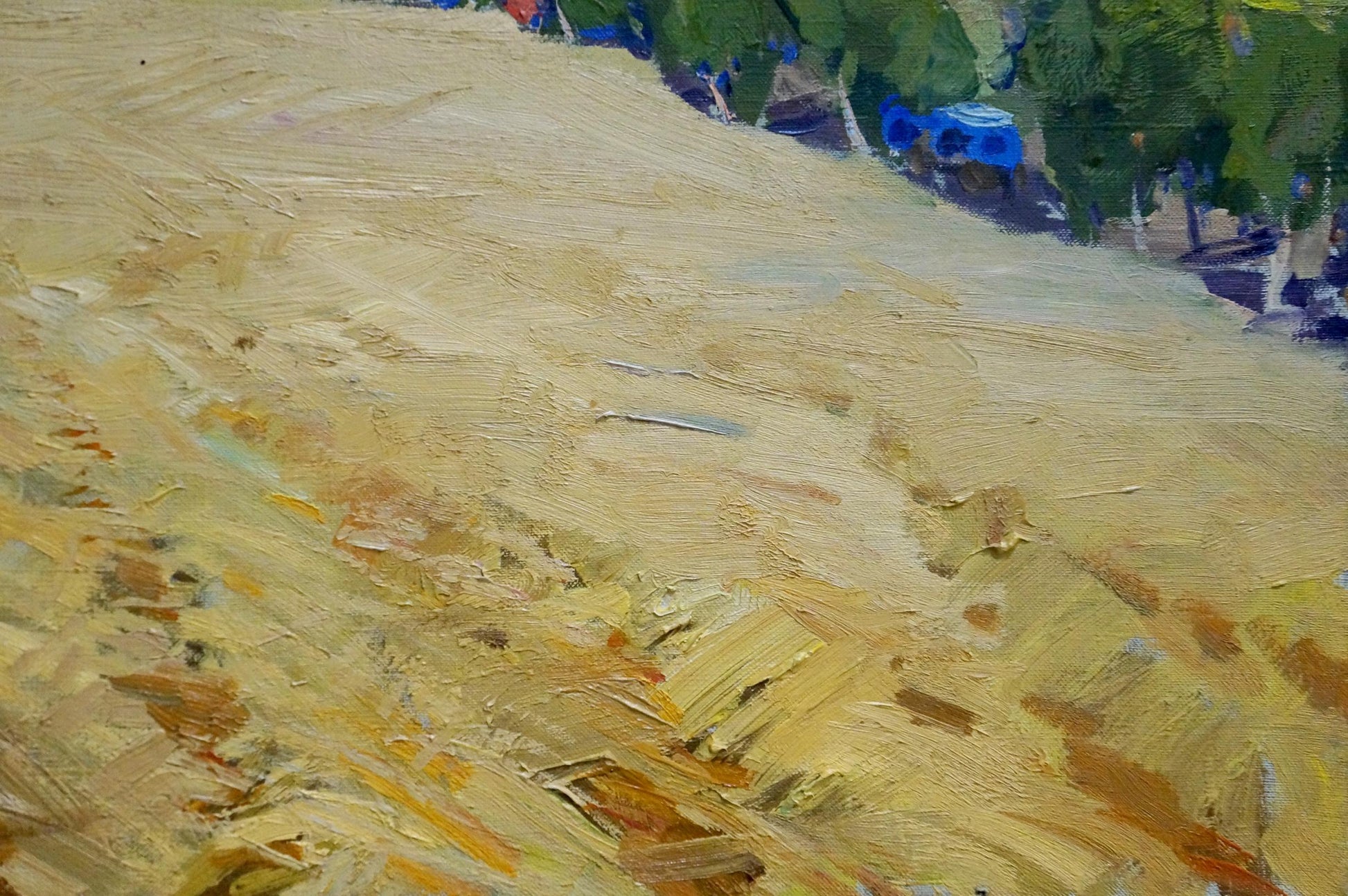 Oil painting Wheat field: textured golden-yellow impressionistic landscape