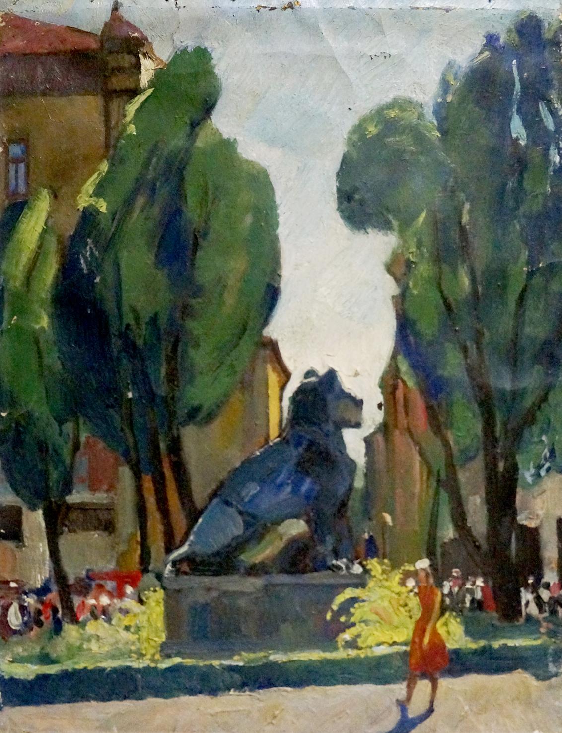 Dark blue stylized lion statue on pedestal in Tatarenko park oil painting