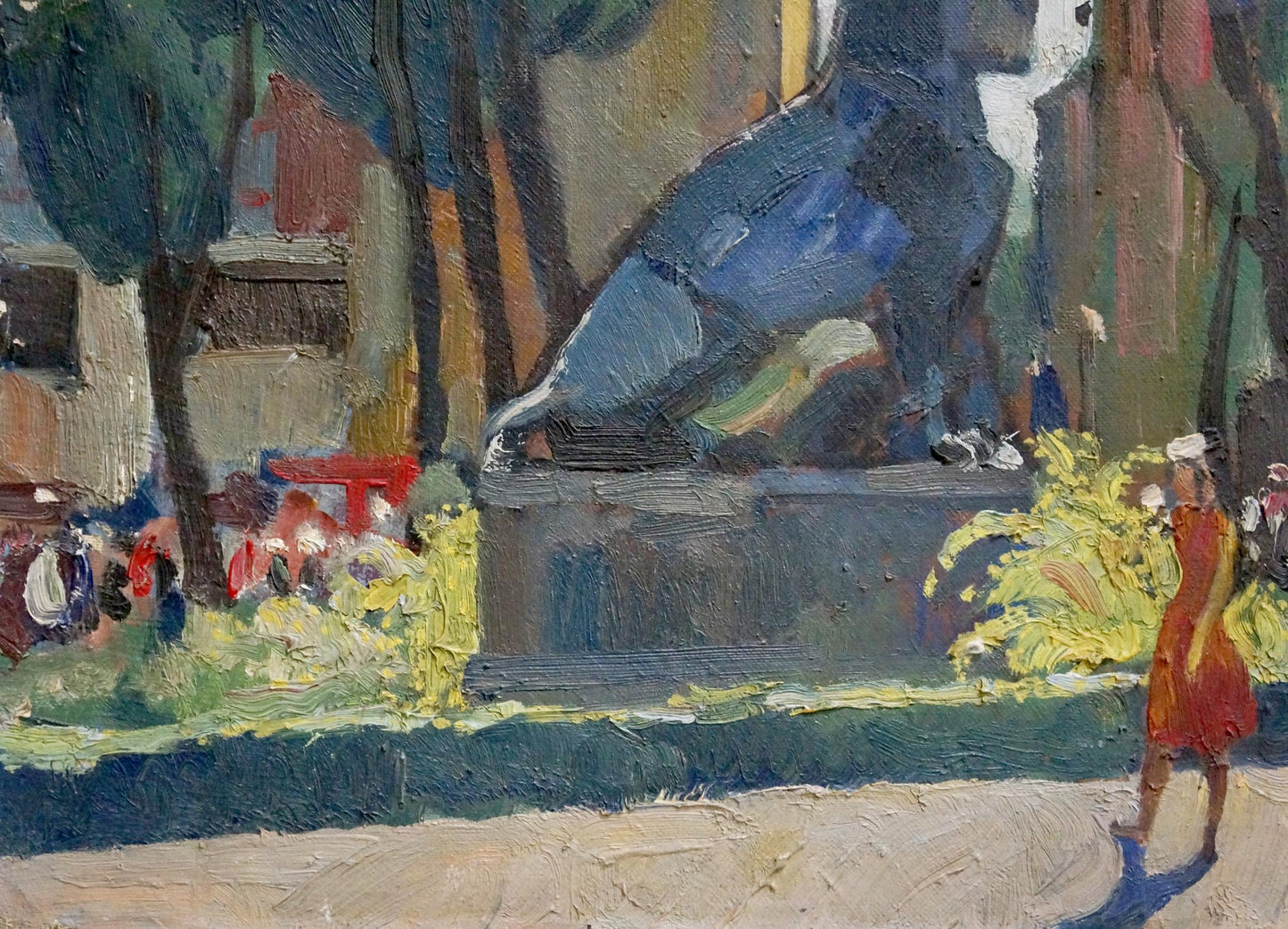 Oil painting of large dark blue bird statue in park by Tatarenko Alexander Alexandrovich