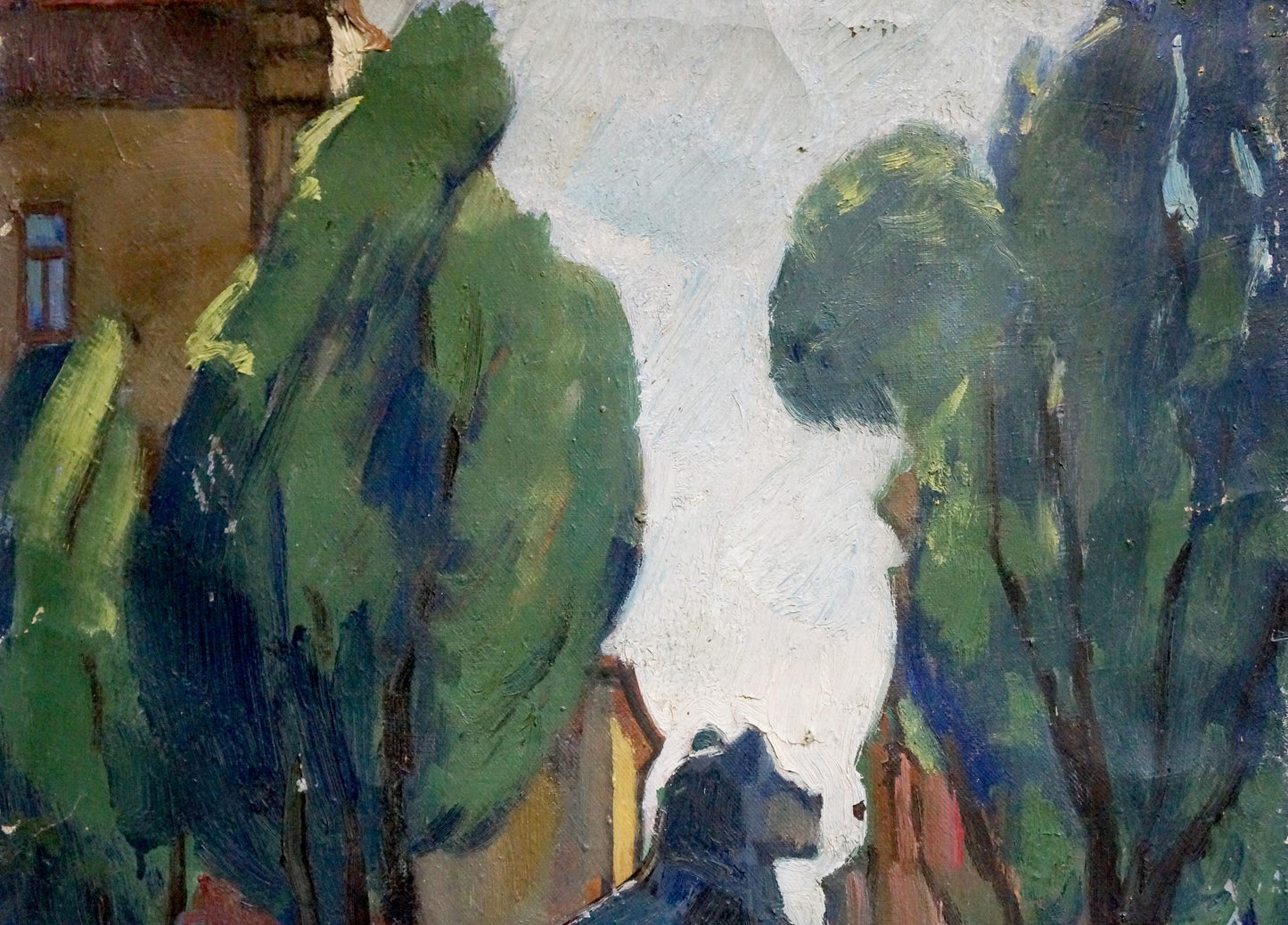 Oil painting by Tatarenko Alexander Alexandrovich: blue dog silhouette in sunlit park street with trees