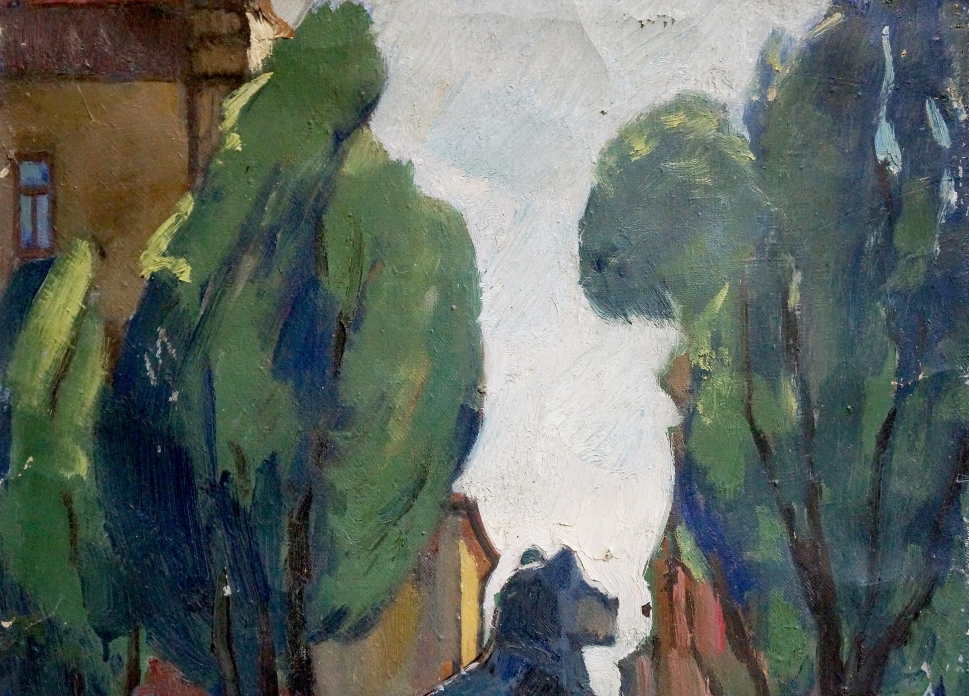 Oil painting by Tatarenko Alexander Alexandrovich: blue dog silhouette in sunlit park street with trees