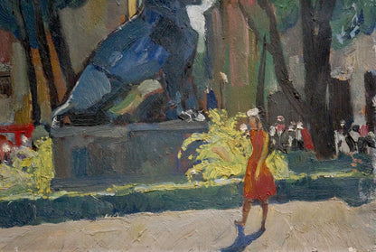Vibrant red dress on woman in park, oil painting by Tatarenko Alexander Alexandrovich