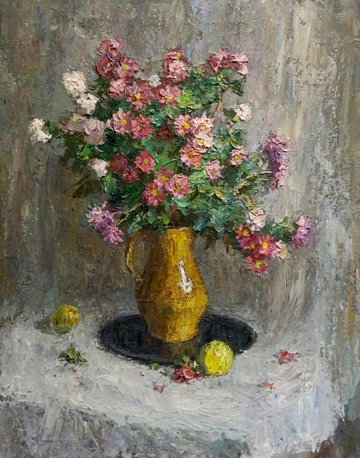 Oil painting of golden pitcher with pink and white roses bouquet