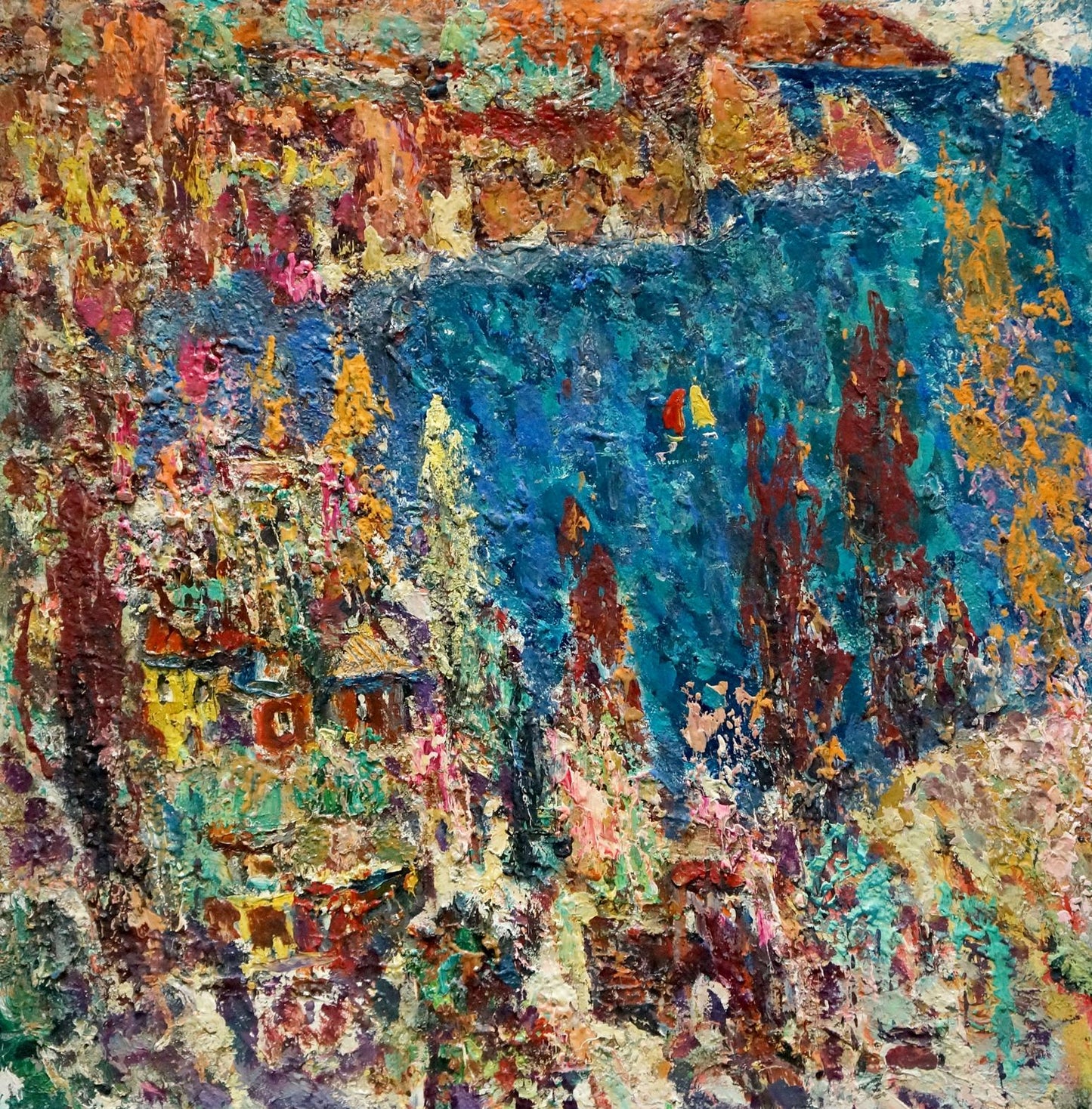 Vibrant oil painting by Filatov Vladimir Nikolaevich: coastal village on cliffs