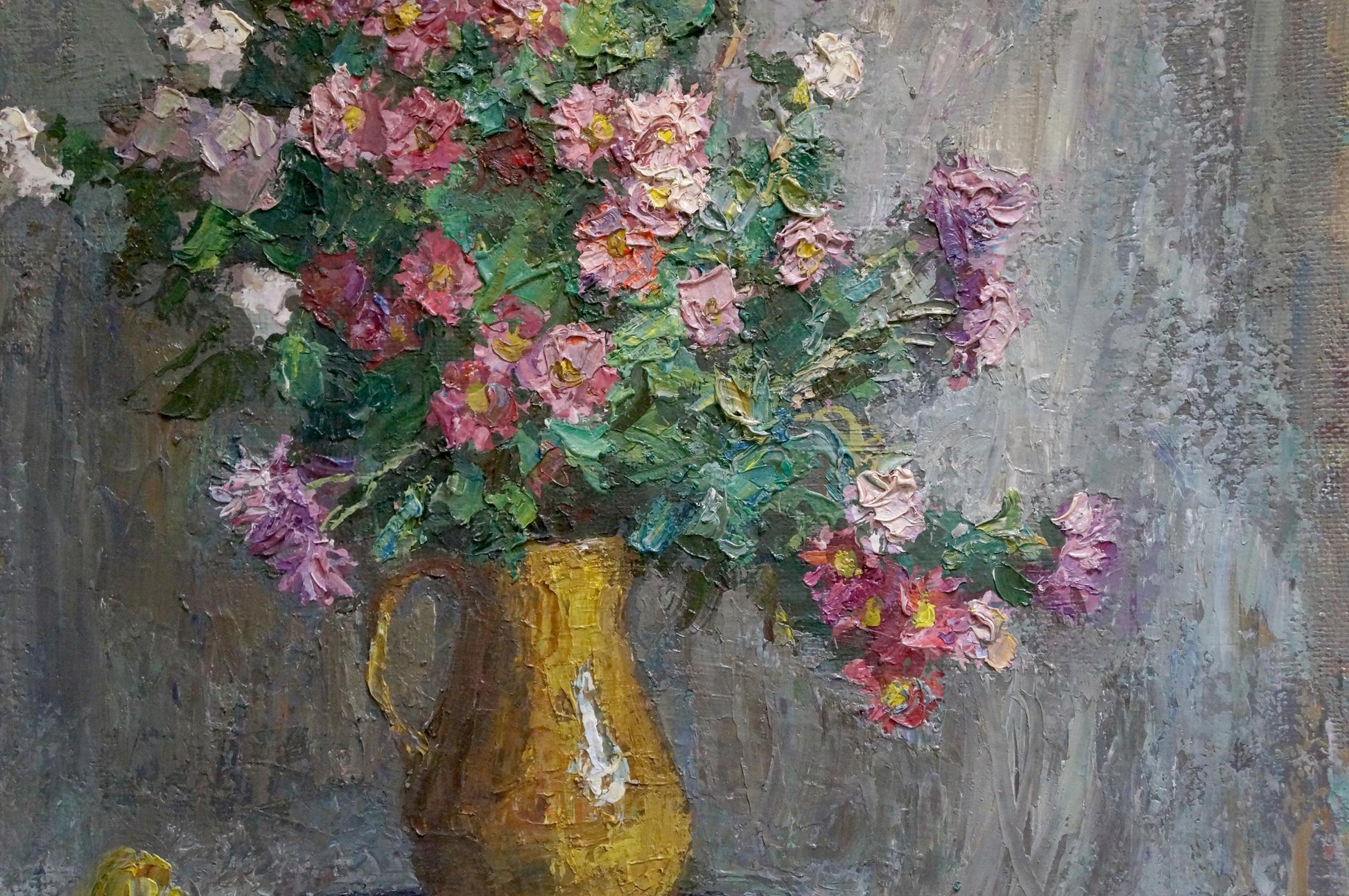 Oil painting of vibrant pink purple roses in golden pitcher