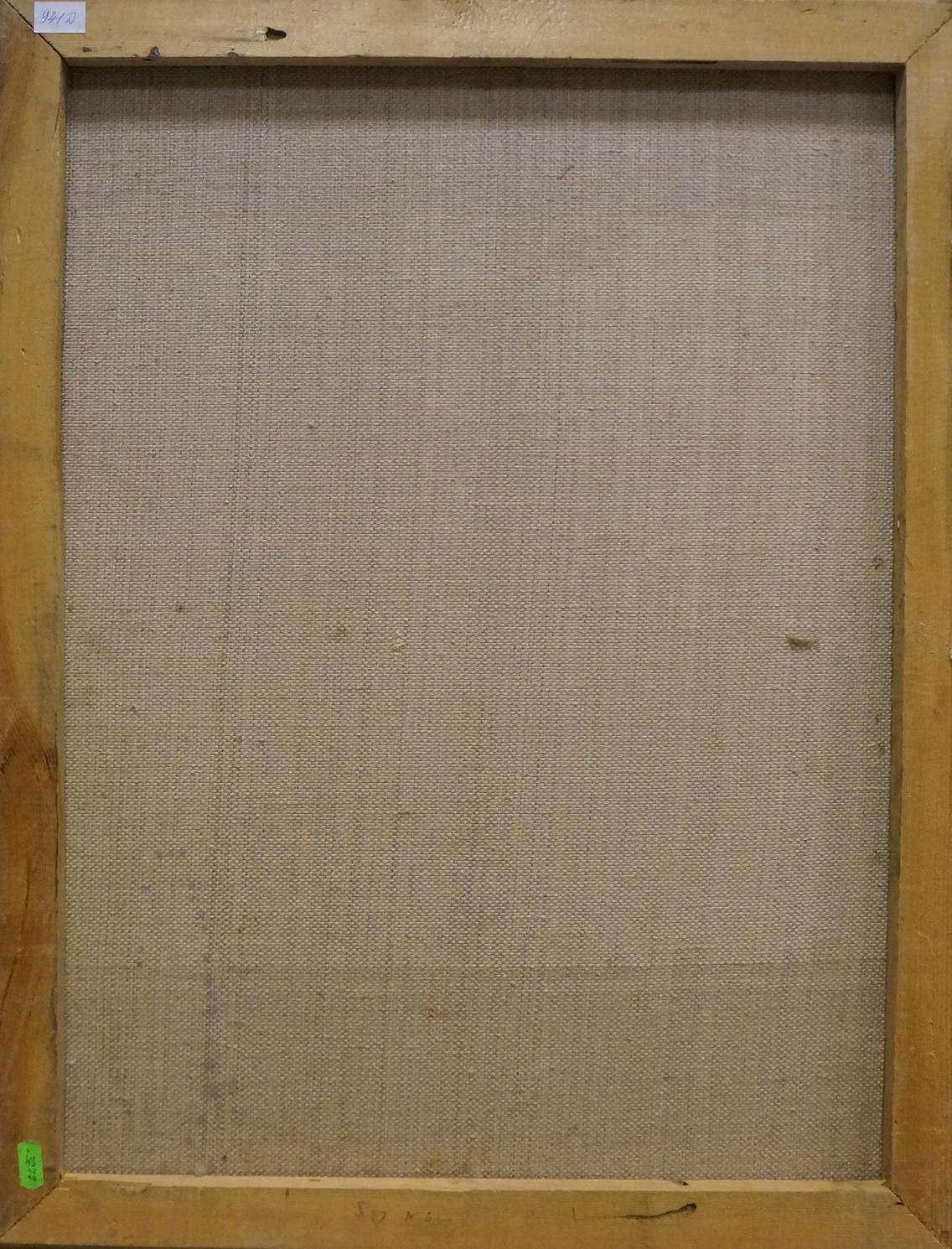 Beige linen canvas in light wood frame, oil painting of daisy bouquet