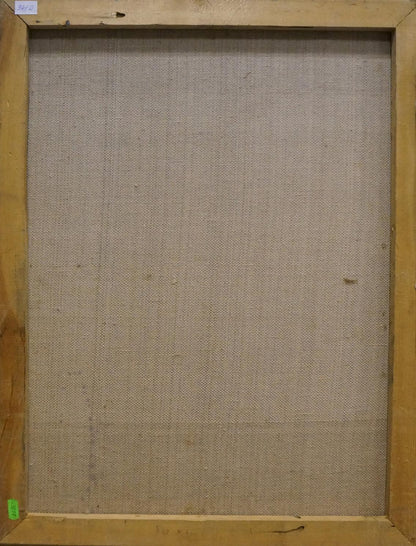 Beige linen canvas in light wood frame, oil painting of daisy bouquet