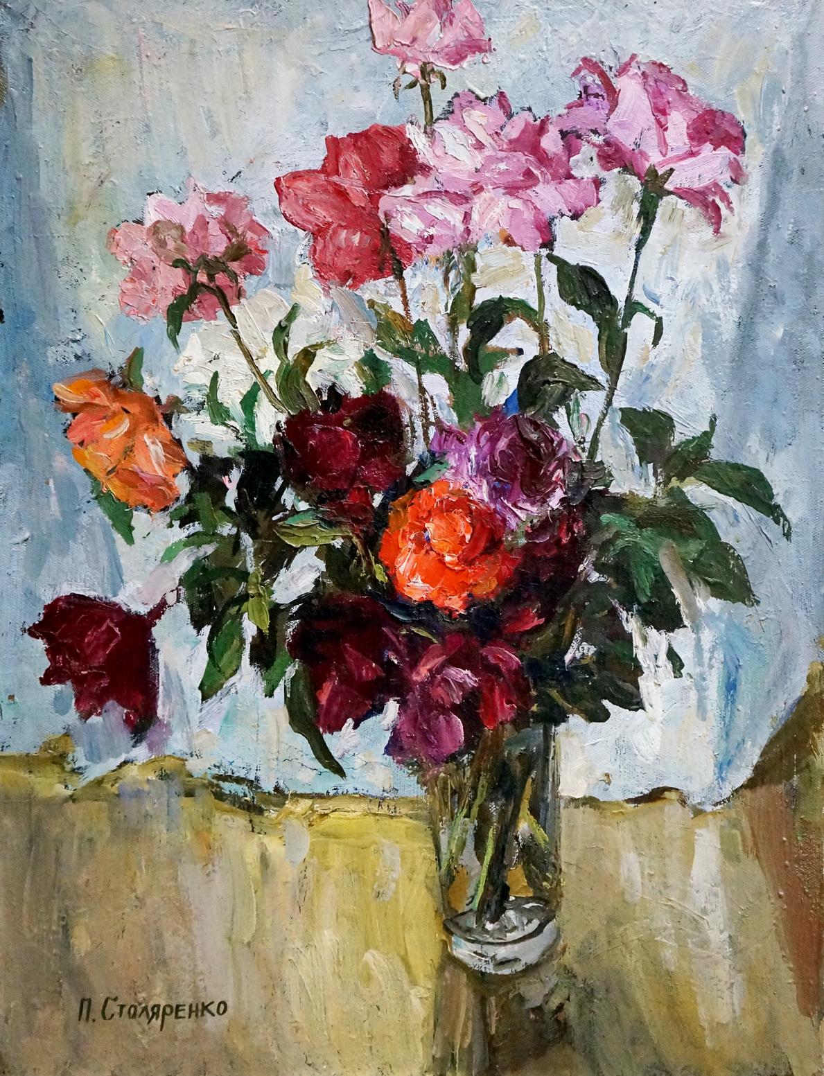 Oil painting of vibrant pink, red, orange, purple peonies in glass vase by Petr Kuzmich Stolyarenko