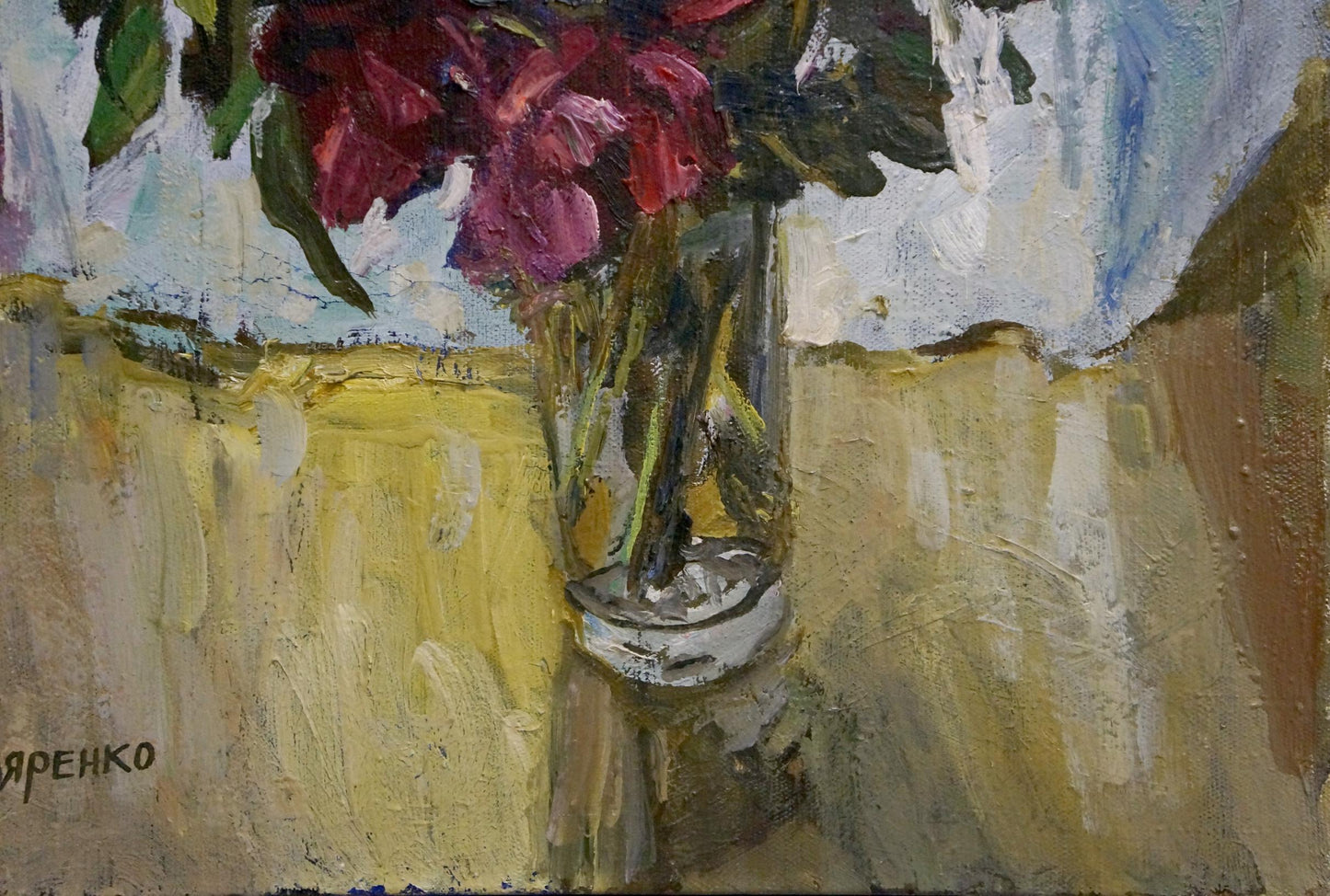 Oil painting of red purple flowers in glass vase by Petr Kuzmich Stolyarenko