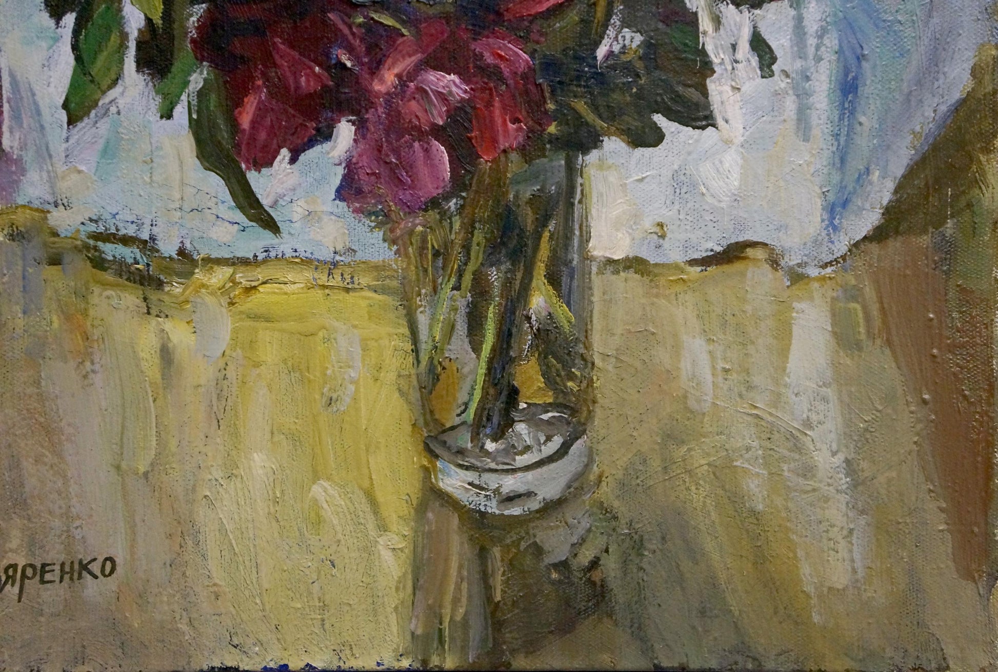 Oil painting of red purple flowers in glass vase by Petr Kuzmich Stolyarenko