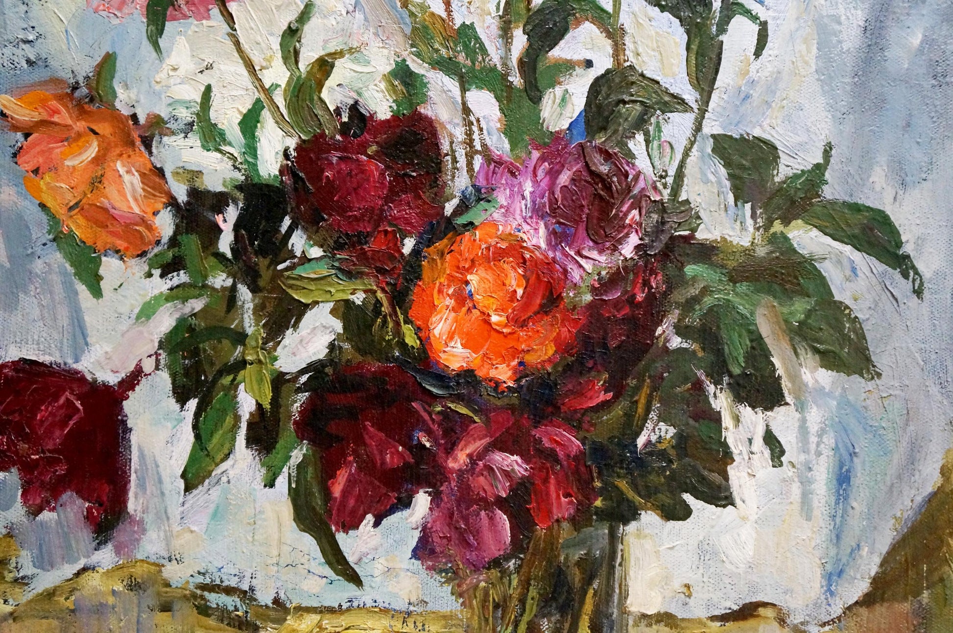 Vibrant oil painting of orange, red, purple roses in vase on table by Petr Kuzmich Stolyarenko