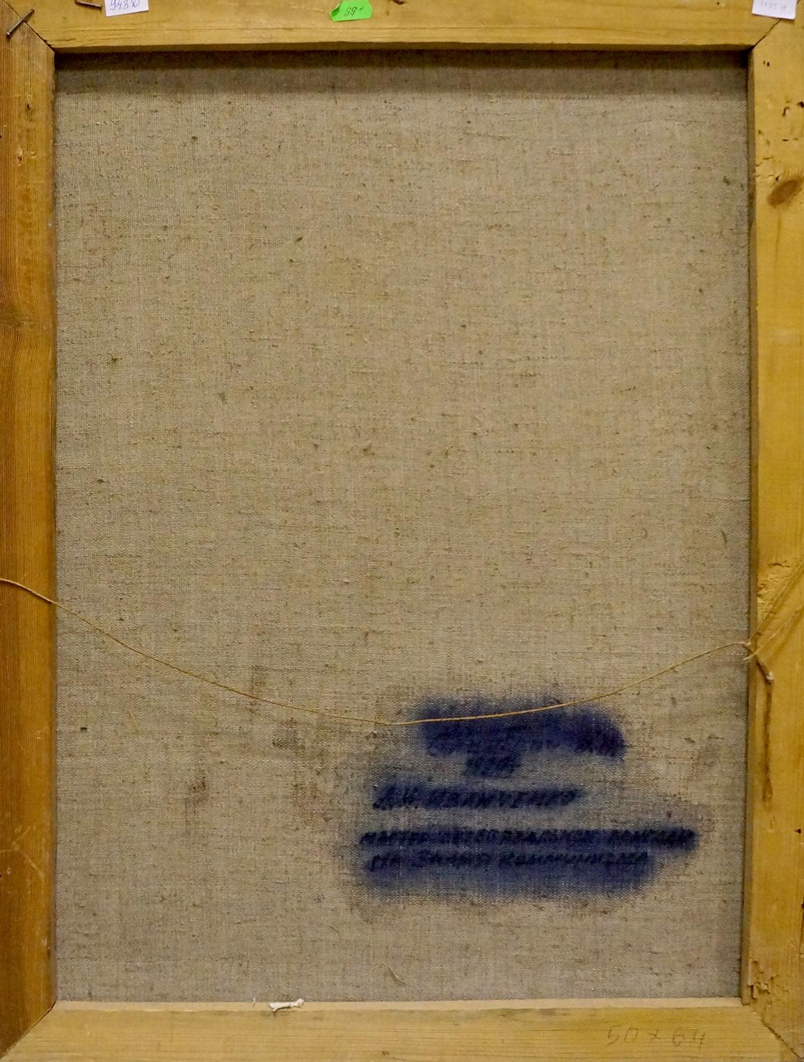 Back of Petr Kuzmich Stolyarenko flowers in vase oil painting with blue spray-painted text on beige linen and wooden frame