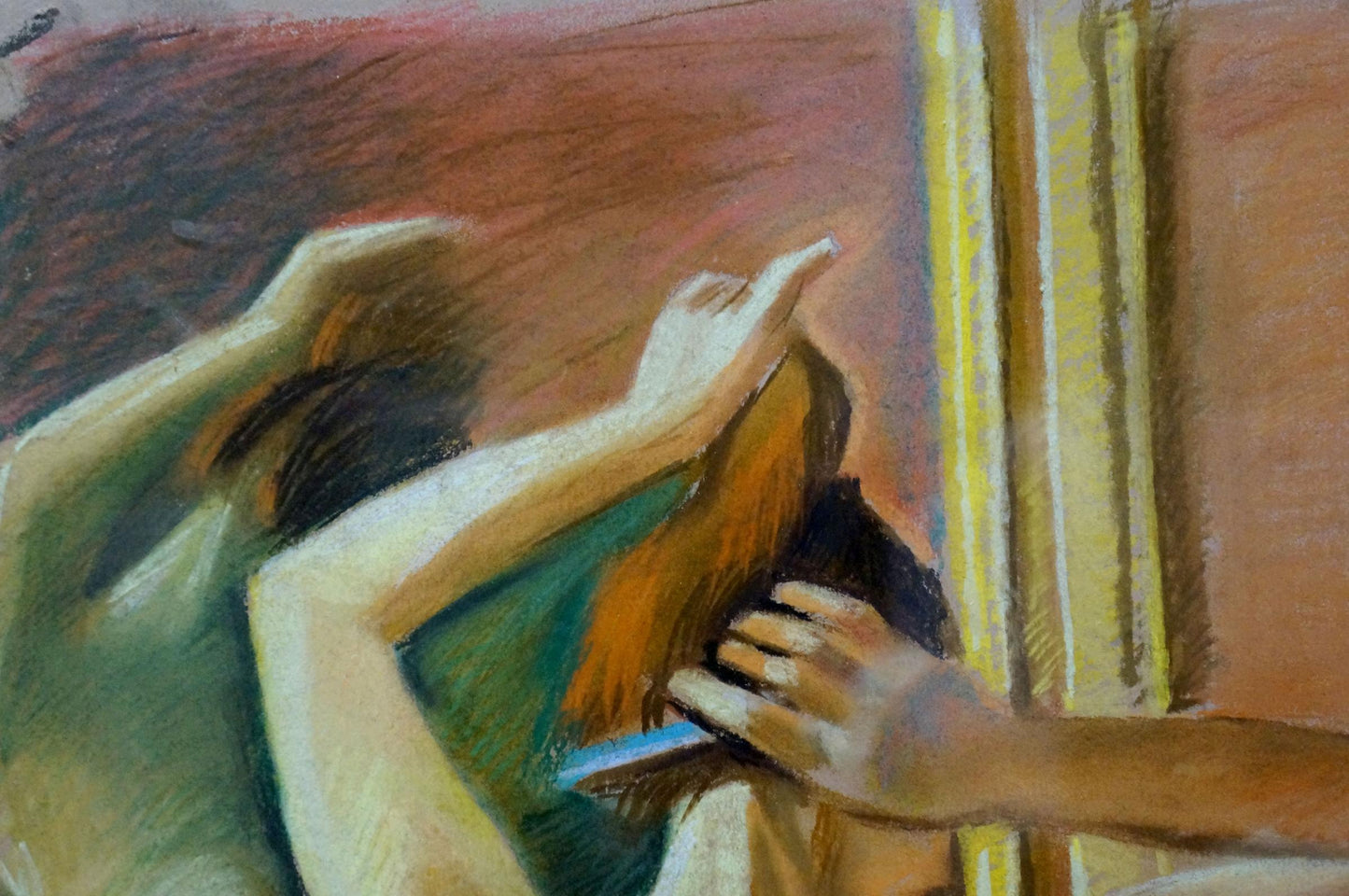 Pastel portrait by Lomykin Konstantin Matveevich of female figure with combed reddish-brown hair