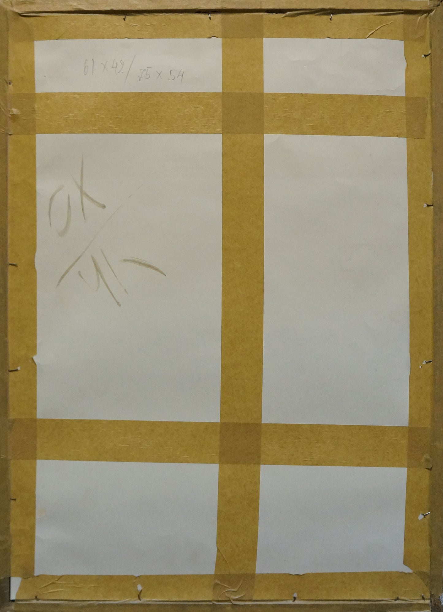 Back of framed pastel portrait of female figure by Lomykin Konstantin Matveevich with taped white paper grid
