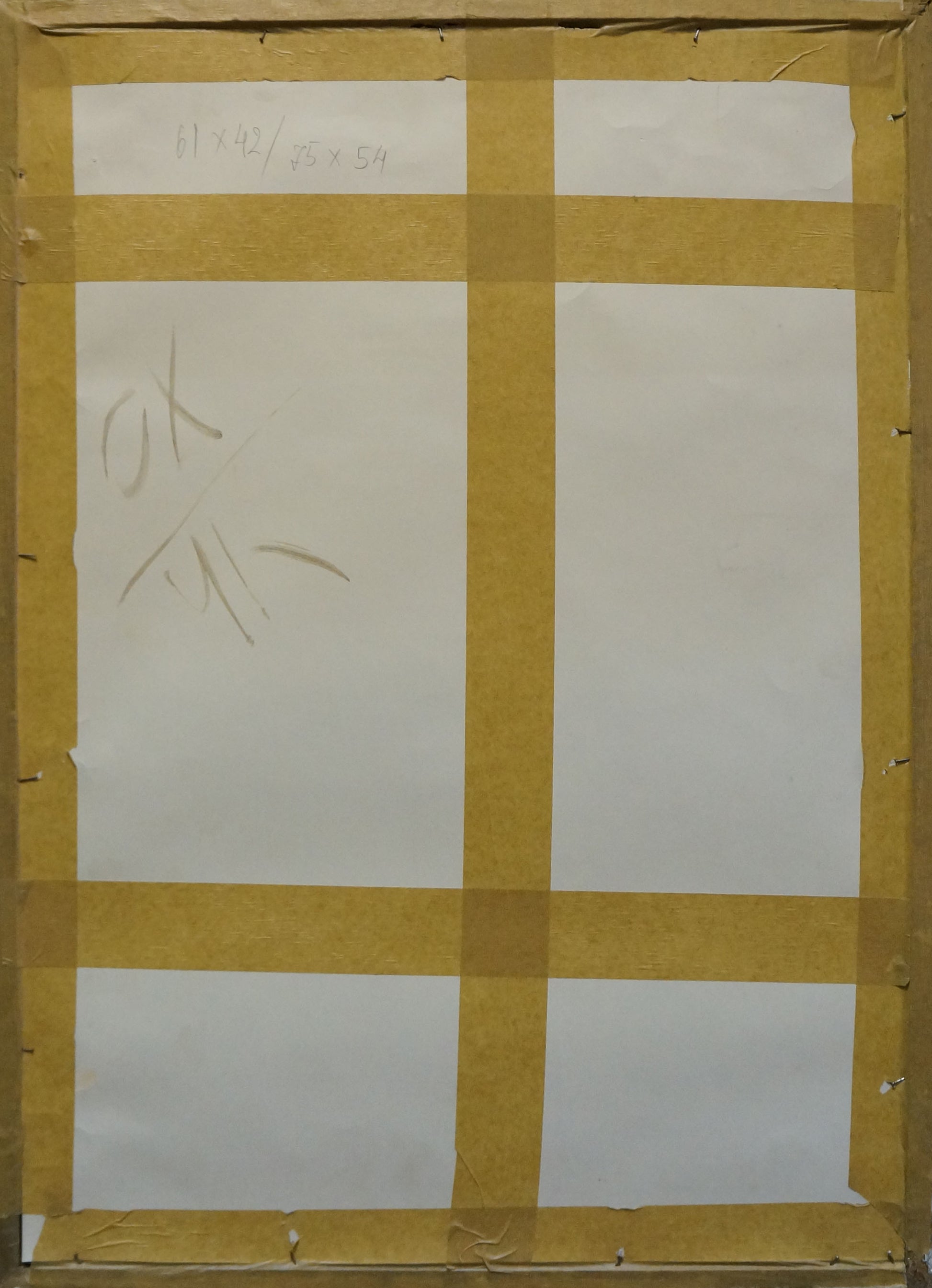 Back of framed pastel portrait of female figure by Lomykin Konstantin Matveevich with taped white paper grid