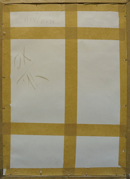 Back of framed pastel portrait of female figure by Lomykin Konstantin Matveevich with taped white paper grid