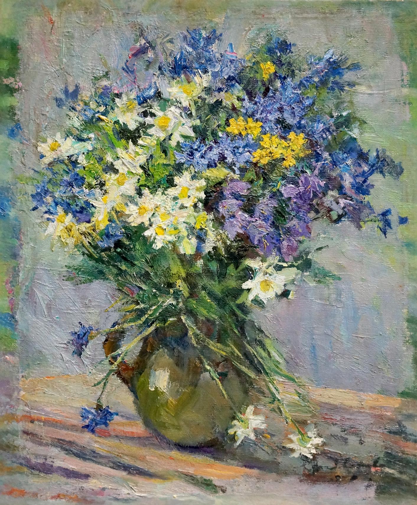 Oil painting Flowers by Zinaida Sokolova: vibrant wildflowers in ceramic vase