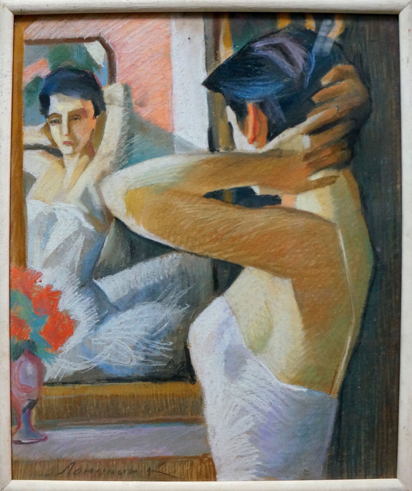 Framed pastel portrait by Lomykin Konstantin Matveevich of blue-haired girl in white wrapping fabric, mirror reflection