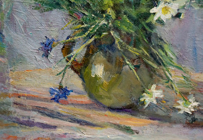 Oil painting by Zinaida Sokolova: greenish-yellow vase with white blue flowers