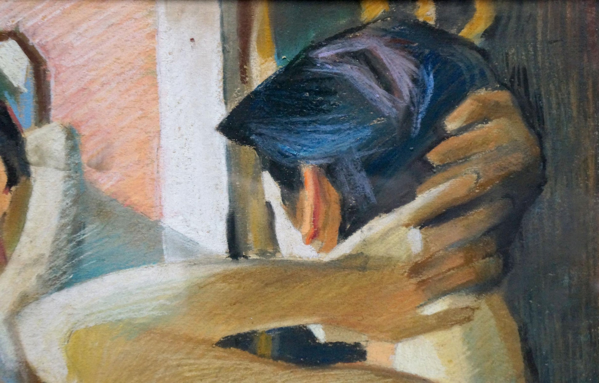 Pastel portrait by Lomykin Konstantin Matveevich of girl with dark blue hair hugging figure from behind