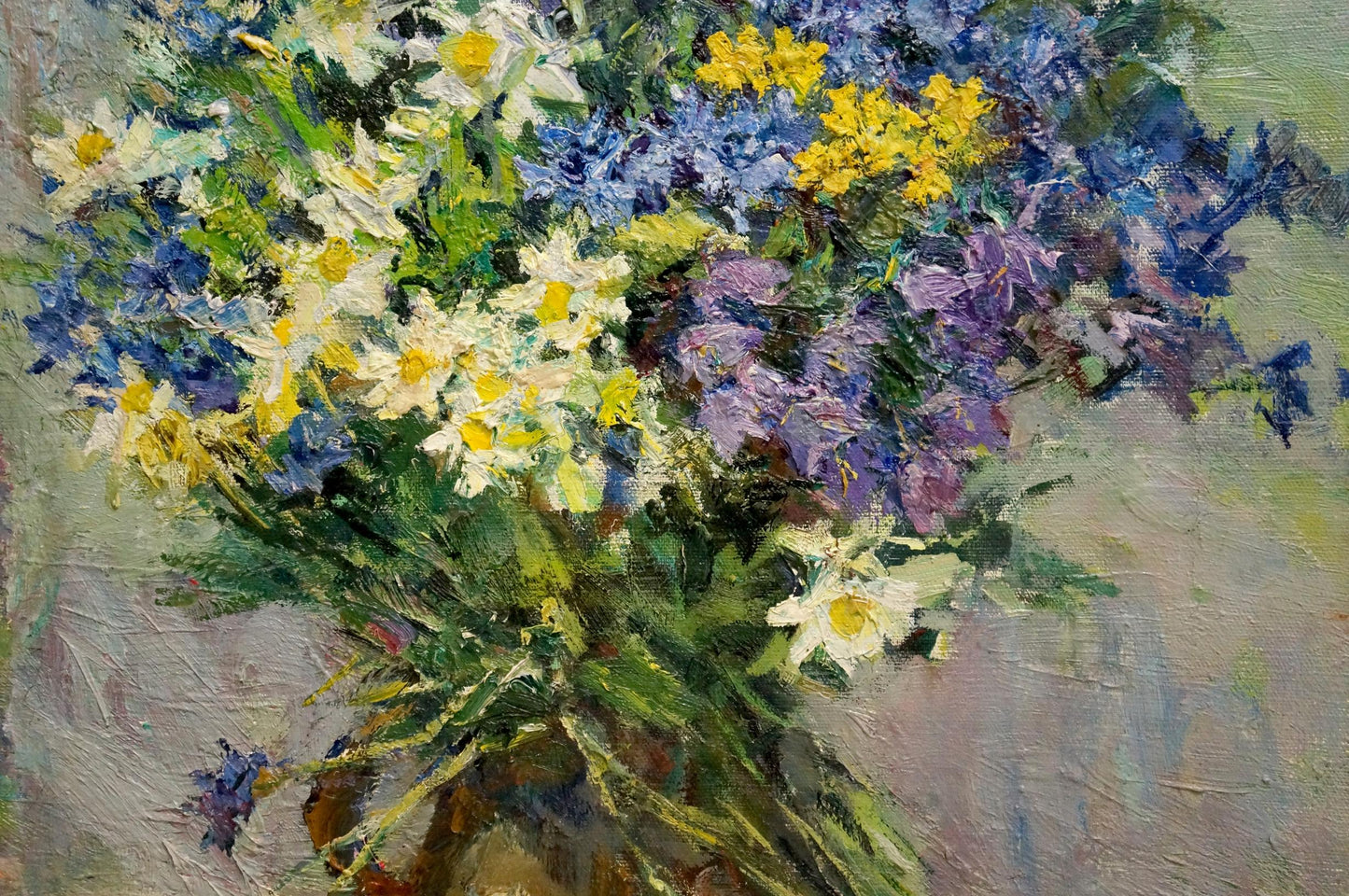 Oil painting by Zinaida Sokolova: white daisies, yellow purple flowers, blue hydrangeas