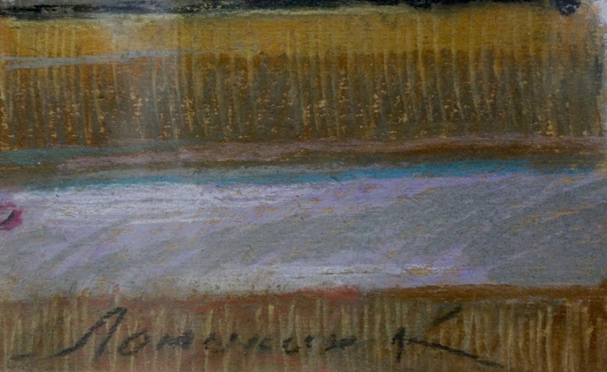 Golden-yellow pastel strokes with blue-gray stripe in Lomykin portrait
