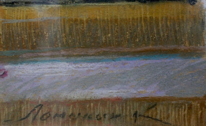 Golden-yellow pastel strokes with blue-gray stripe in Lomykin portrait