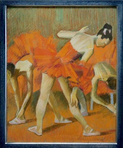 Framed impressionistic painting of 3 ballerinas in orange tutus by Lomykin Konstantin Matveevich