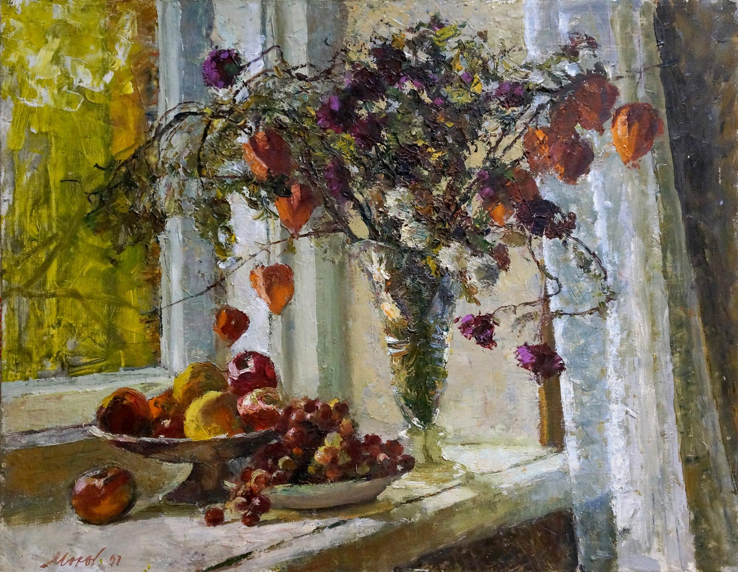 Oil painting Fall Mokhor by Yuri Pavlovich: purple orange flowers in tall vase
