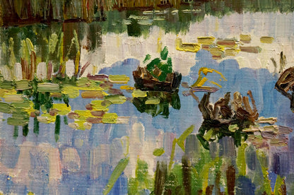 Vibrant impressionist oil painting of boat on lily pad water, natural scenery