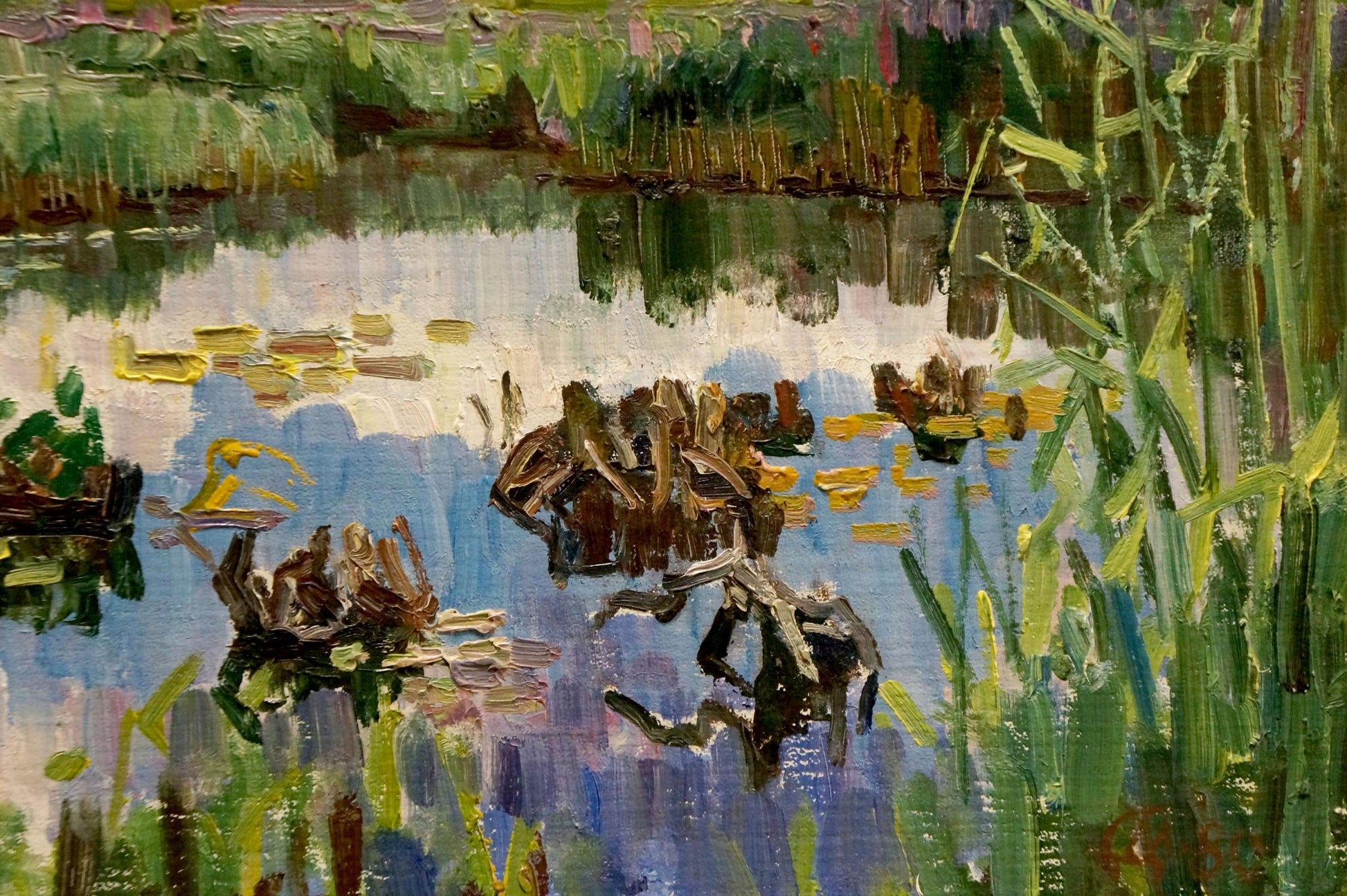 Oil painting of textured impressionist pond with reeds in vibrant greens and blues