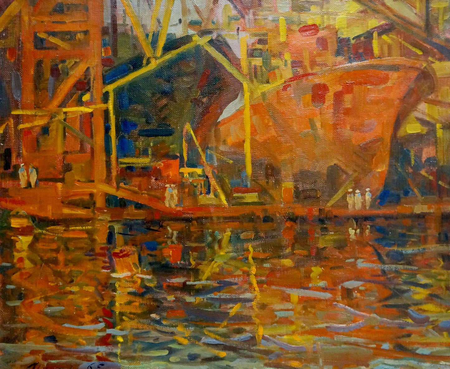 Vibrant impressionistic oil painting of orange ship under construction in port by Atayan Armen Arshakovich