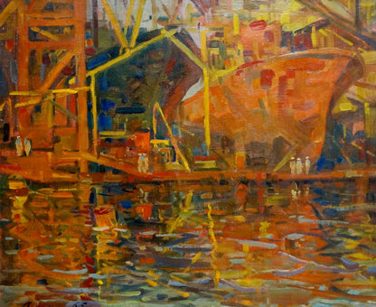 Vibrant impressionistic oil painting of orange ship under construction in port by Atayan Armen Arshakovich